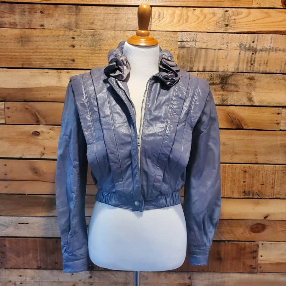 Vintage 1980s Marco Morani dusty lilac ruffle collar leather jacket in Size 9/10